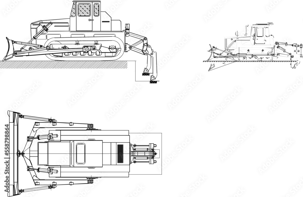 sketch vector illustration of russian crawler tractors and bulldozers