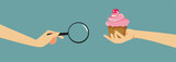 Person Checking Calories in a Dessert Vector Concept Illustration. Dietician inspecting a cupcake analyzing a sweet snack 
