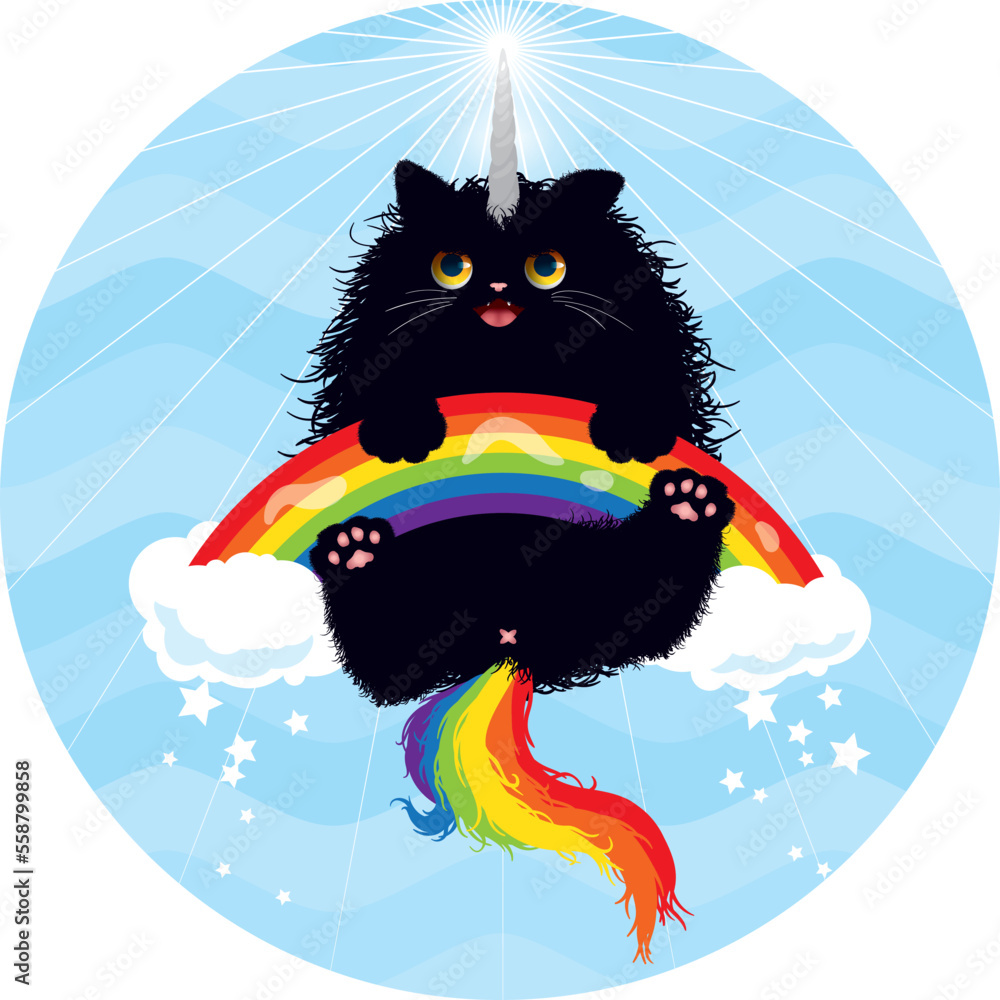 Fluffy black cat unicorn on rainbow. Cute cartoon vector illustration ...
