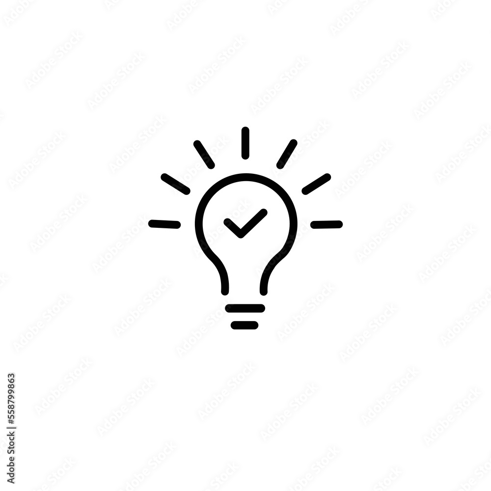 black bulb with checkmark like quick tip icon. flat stroke linear simple trend modern efficiency logotype design element isolated on white. concept of visionary info pictogram or conclusion symbol black bulb with checkmark like quick tip icon. flat stroke linear simple trend modern efficiency logotype design element isolated on white. concept of visionary info pictogram or conclusion symbol