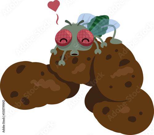 A fly happily perches on poop, ready to feast. Vector illustration.