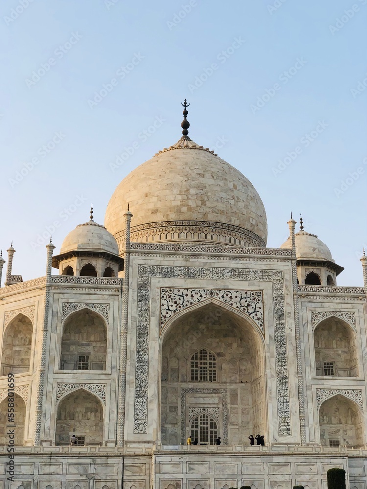 Taj Mahal in Agra, India. Taj Mahal, an ivory-white marble mausoleum on the bank of the yamuna river in the Indian city of Agra, Uttar Pradesh.