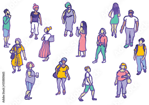 街の人々、大勢のセット。手描きのベクターデータ。夏。