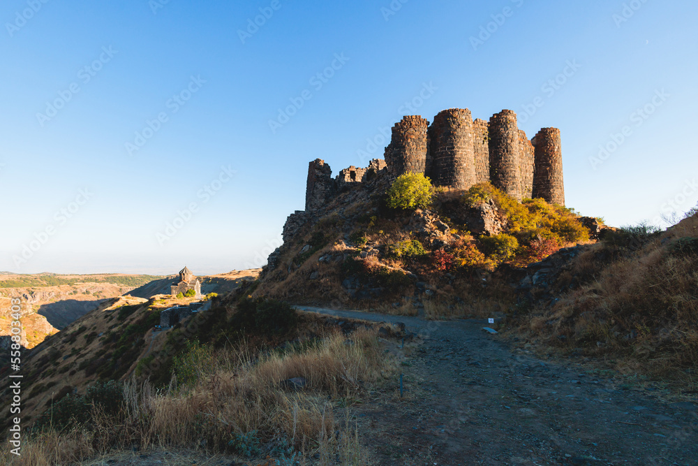 Beautiful sunny view of Amberd fortress, Mount Aragats with horse pasturing, Aragatsotn, Armenia in a summer day
