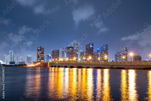Night panoramic photo of Miami landscape. Miami Downtown behind MacArthur Causeway shot from Venetian Causeway. © Volodymyr