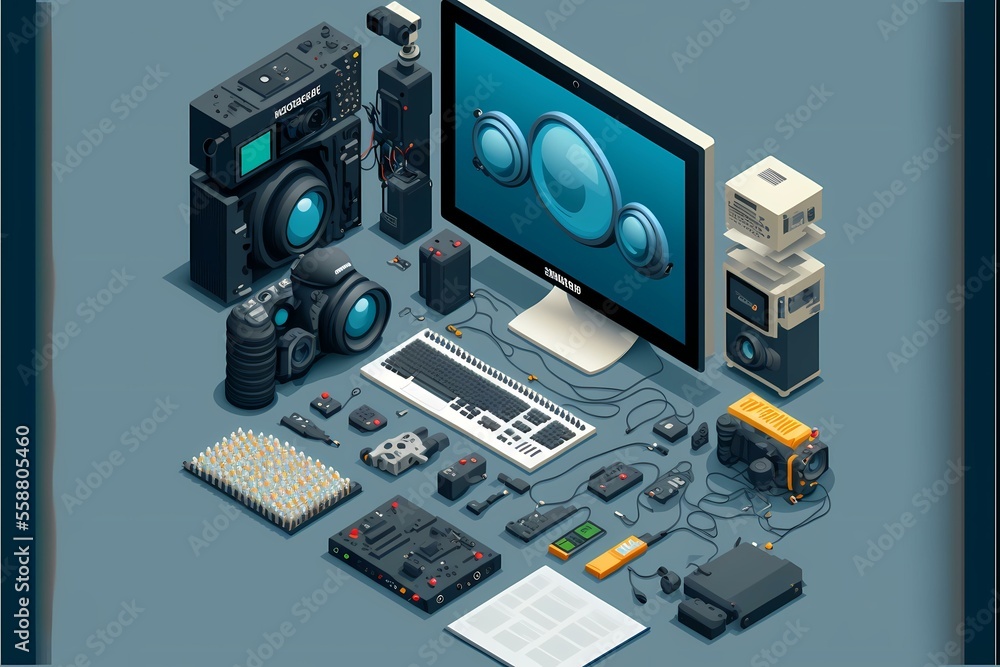 Obraz premium ﻿A computer with many electronic devices - Generative AI