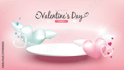 Valentine's Day background. Circle base for product display graphic decor couple hearts with wings on pastel pink background. Abstract Valentine's Day background. Vector illustration.