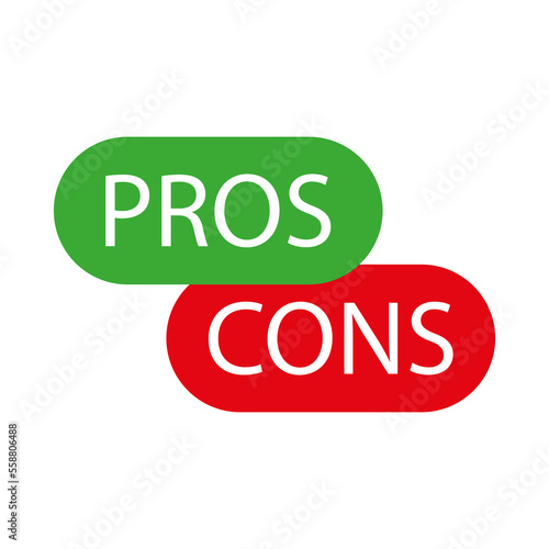 Pros cons icon. Green red pro con. Vector illustration.