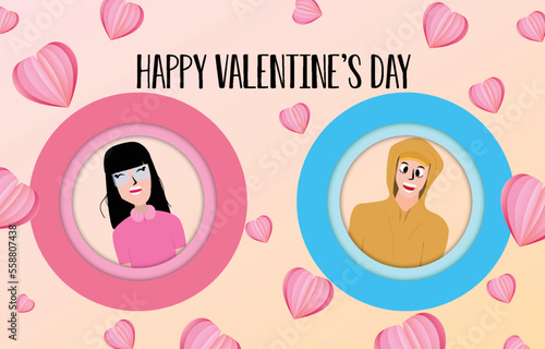 Young teenagers in circles of sweet colors. Minimal greeting card Happy Valentine's Day. decorate with paper cut heart elements. vector illustration on paper frame