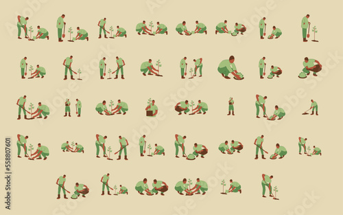 collection of vector illustrations of people planting trees. concept of saving the earth