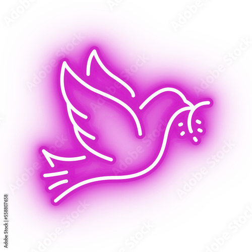 Neon pink dove, flying bird icon on transparent background