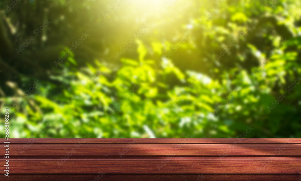 A wooden table on a blurry meadow background