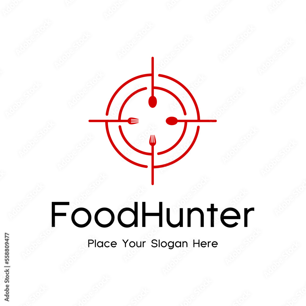 Hunter food vector logo template. This logo with hunt symbol and spoon, fork. Hunter food vector logo template. This logo with hunt symbol and spoon, fork.