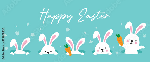 Cute spring Easter bunny rabbits coming out of the ground hole vector illustration. White bunnies peeking out of the rabbit hole.