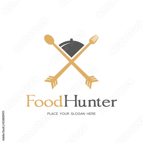 Hunter food vector logo template. This logo with hunt symbol and spoon, fork.