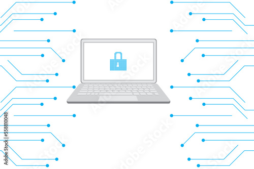 computer security by code number on circuit lines technology abstract. innovation cyber high security by padlock and secret code background.