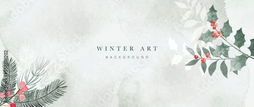 Winter botanical watercolor leaf branches background vector illustration. Hand painted watercolor foliage, berry, pine leaves, holly sprig. Design for poster, wallpaper, banner, card, decoration.