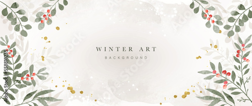Winter botanical watercolor leaf branches background vector illustration. Hand painted winter foliage, eucalyptus, berry and gold brush texture. Design for poster, wallpaper, banner, card, decoration.