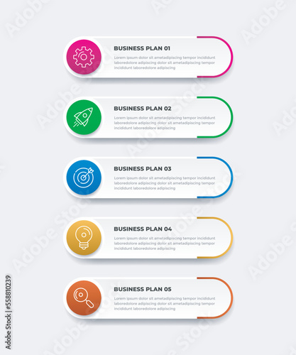 	
Business infographic design template with icons and 5 options or steps. Can be used for workflow, presentation, etc. Vector illustration