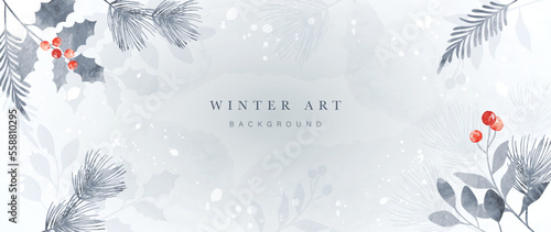 Winter botanical watercolor leaf branches background vector illustration. Hand painted watercolor foliage, berry, pine leaves, holly sprig. Design for poster, wallpaper, banner, card, decoration.