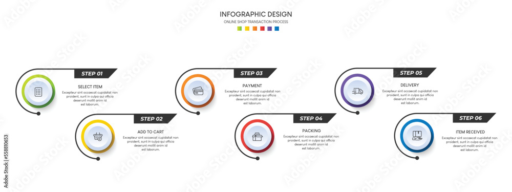 Process of online shopping with 6 steps. Steps business timeline process infographic template Process of online shopping with 6 steps. Steps business timeline process infographic template