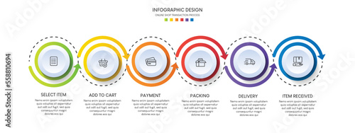 Process of online shopping with 6 steps. Steps business timeline process infographic template