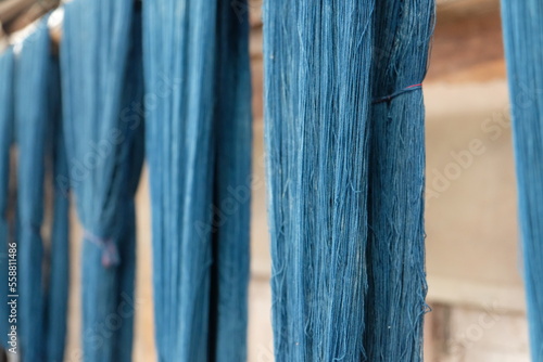 indigo dyed yarn, blue color,natural cotton yarn. Natural fibers thread from natural cotton dyed with natural color , Thailand.