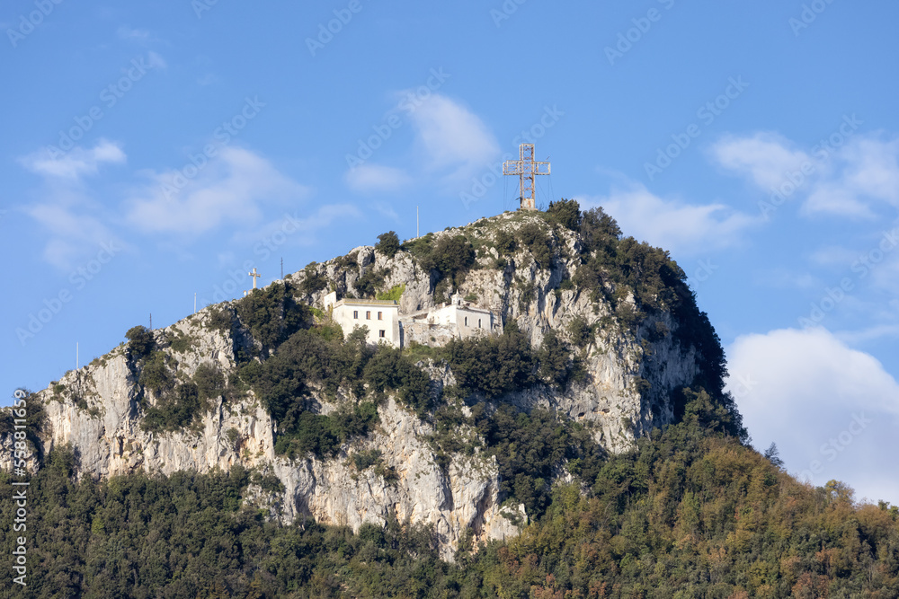 Christian Cross on hill in Salerno, Italy. Sunny Cloudy Morning Sky Christian Cross on hill in Salerno, Italy. Sunny Cloudy Morning Sky