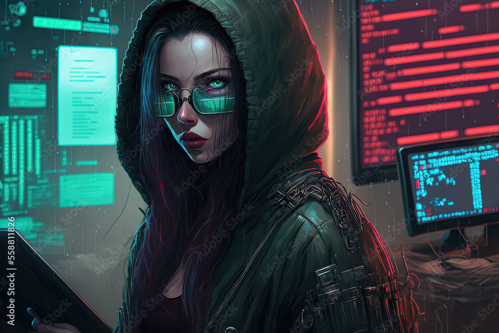Digital art of a futuristic female hacker in cyberpunk anime style with computer screens in the background Digital art of a futuristic female hacker in cyberpunk anime style with computer screens in the background