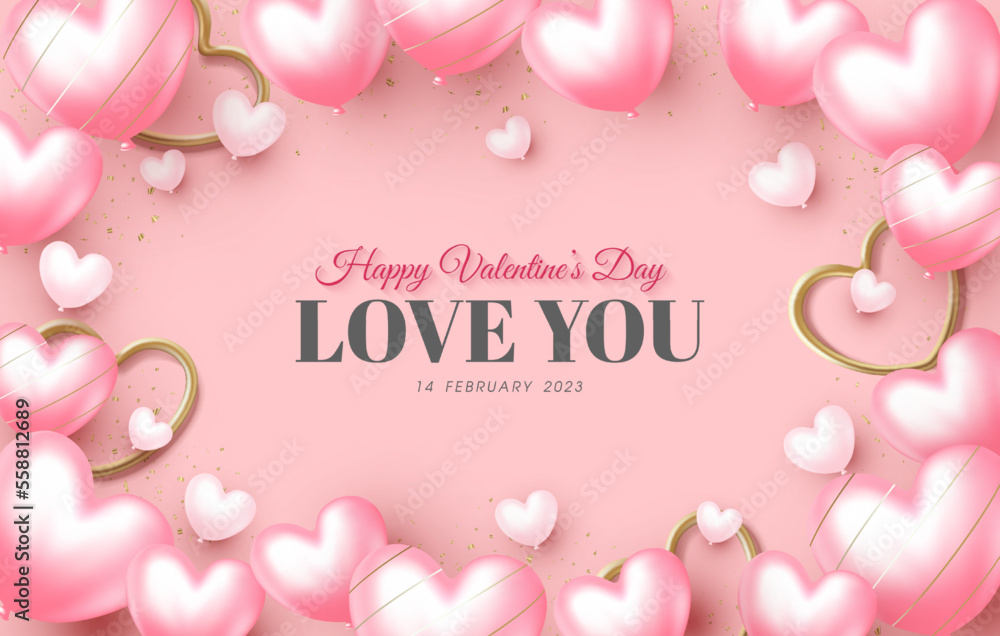 Happy valentine's day, 3d pink balloons realistic vector background.