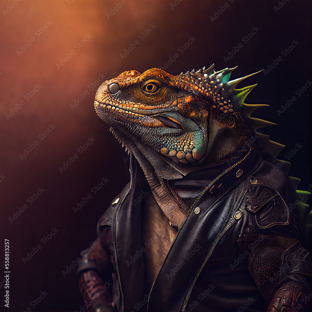 Iguana wearing leather jacket, funny collage illustration. Generative AI Iguana wearing leather jacket, funny collage illustration. Generative AI