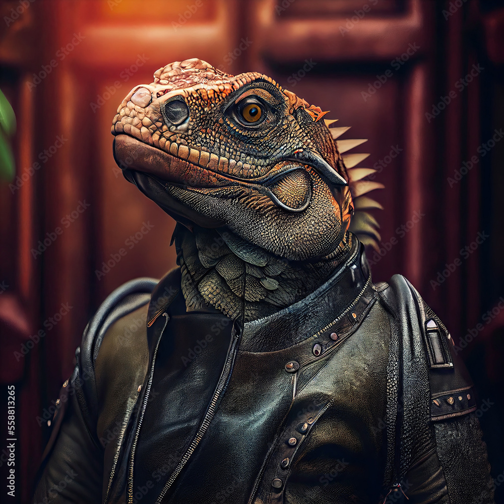 Iguana wearing leather jacket, funny collage illustration. Generative AI Iguana wearing leather jacket, funny collage illustration. Generative AI