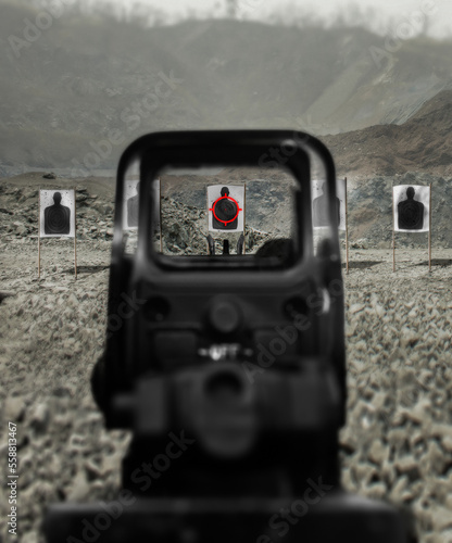 Photography Assault rifle red dot target view, image of a rifle scope sight used for aiming