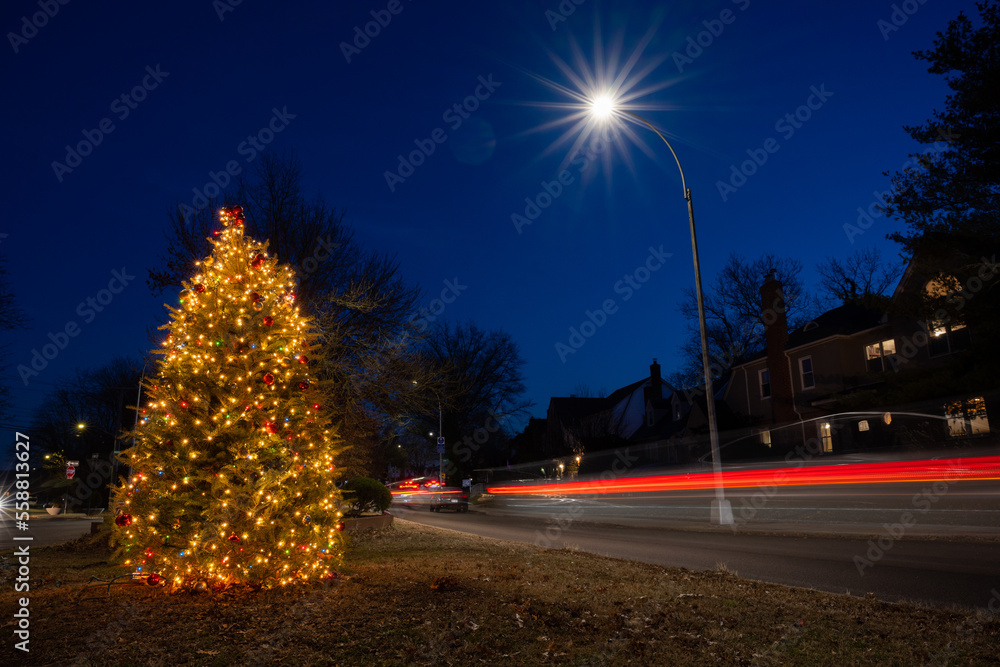 Fototapeta premium Christmas tree decorated with lighting on the street, car light trail, street lamp.