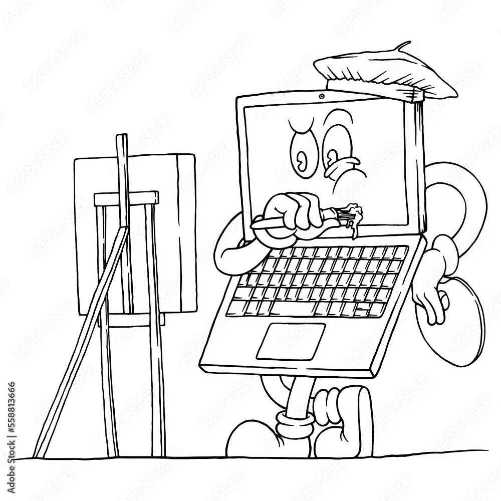 Paint Using Computer Cartoon Coloring illustration of cartoon laptop painting Stock Vector | Adobe Stock