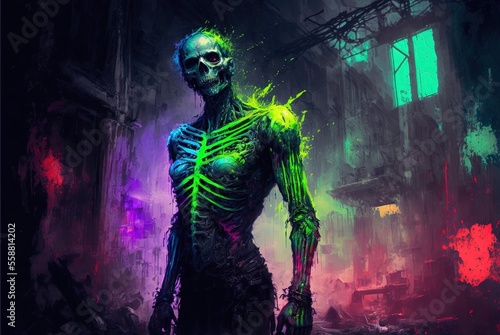 Toxic undead cyberpunk zombie tainted with radiation poisoning prowling around decaying city ruins - Generative AI illustration. © SoulMyst