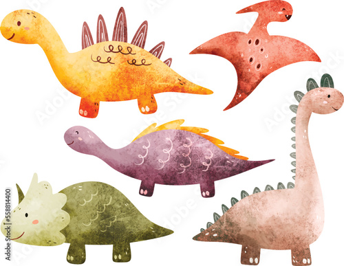 Watercolor illustration set of colorful dinosaurs