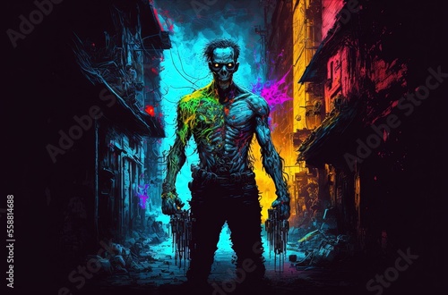 Toxic undead cyberpunk zombie tainted with radiation poisoning prowling around decaying city ruins - Generative AI illustration.