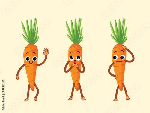 Carrot vegetable vector character mascot with facial expression and gestures isolated on plain yellow background. Simple flat cartoon art styled personification orange colored vegetable.