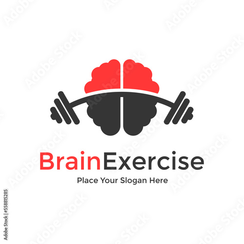 Brain exercise vector logo template. This logo with barbell symbol.