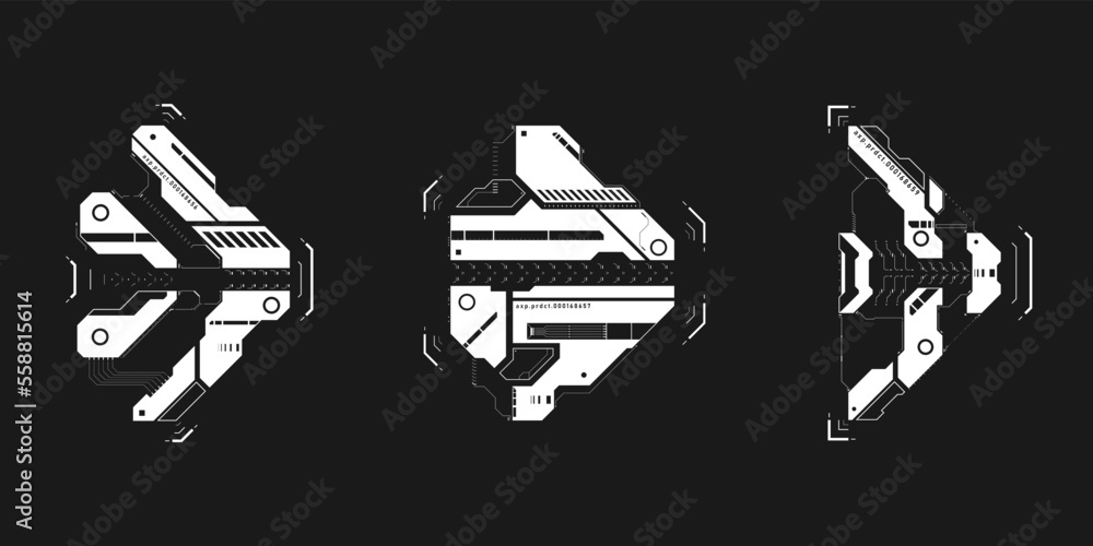Set of cyberpunk arrows. Collection of futuristic interface cyber elements. Cyberpunk pointers, direction. Set of arrows for design of game UI, poster. Futuristic UI tech elements. Vector illustration