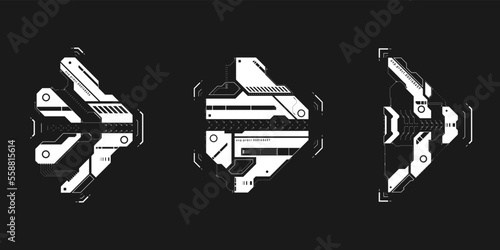 Obraz na płótnie Set of cyberpunk arrows. Collection of futuristic interface cyber elements. Cyberpunk pointers, direction. Set of arrows for design of game UI, poster. Futuristic UI tech elements. Vector illustration w salonie