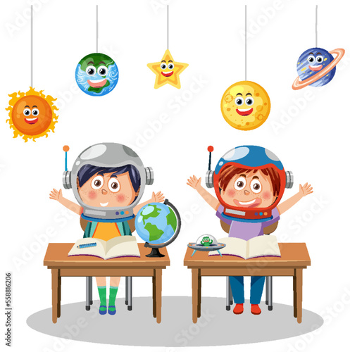 Cartoon kids learning astronomy