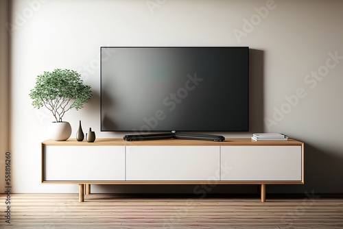 Minimal TV cabinet inside wall mockup for the Japanese room. Generative AI
