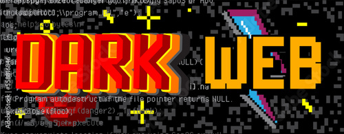 Dark Web. Pixelated word with geometric graphic background. Vector cartoon illustration.