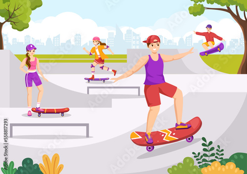 Skateboard Illustration with Skateboarders Jump using Board on Springboard in Skatepark in Extreme Sport Flat Style Cartoon Hand Drawn Templates