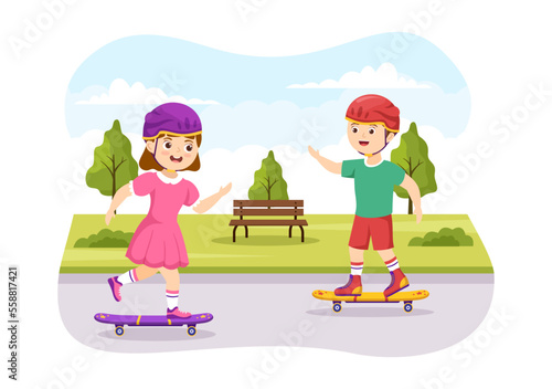 Skateboard Illustration with Kids Skateboarders Jump using Board on Springboard in Skatepark in Extreme Sport Flat Style Cartoon Hand Drawn Templates
