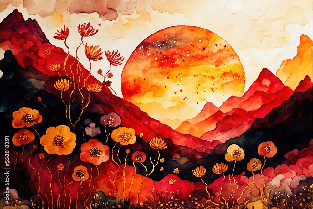 a painting of a mountain with flowers and a sun in the background with ...