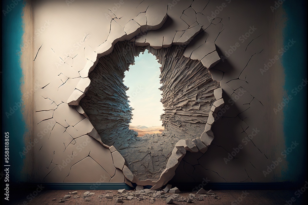 a hole in the wall with a view of a beach and a sky in it, with a