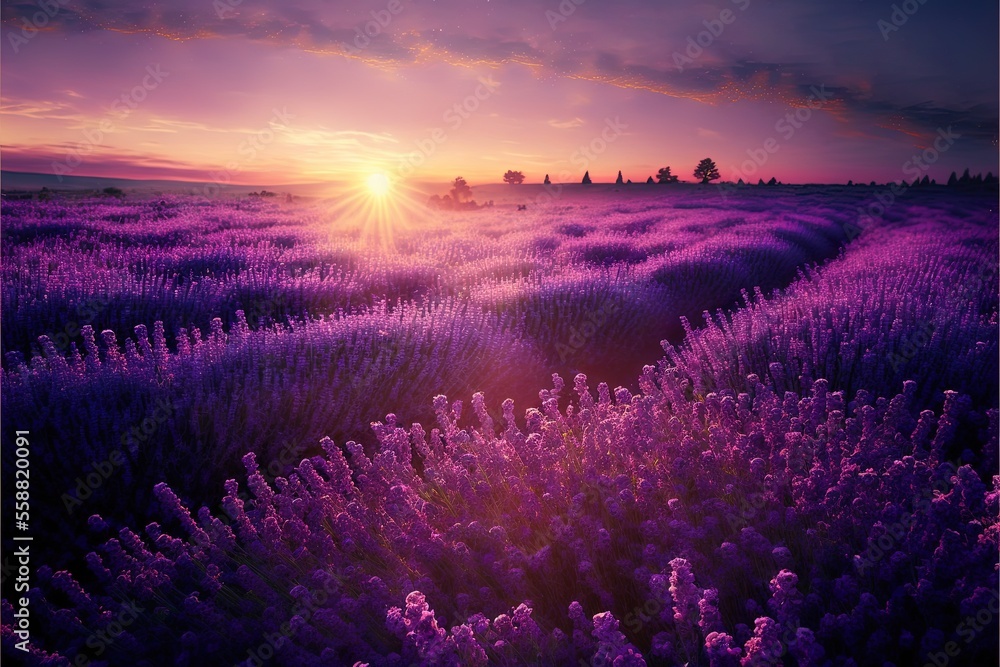 a field of lavender flowers with the sun setting in the background and ...